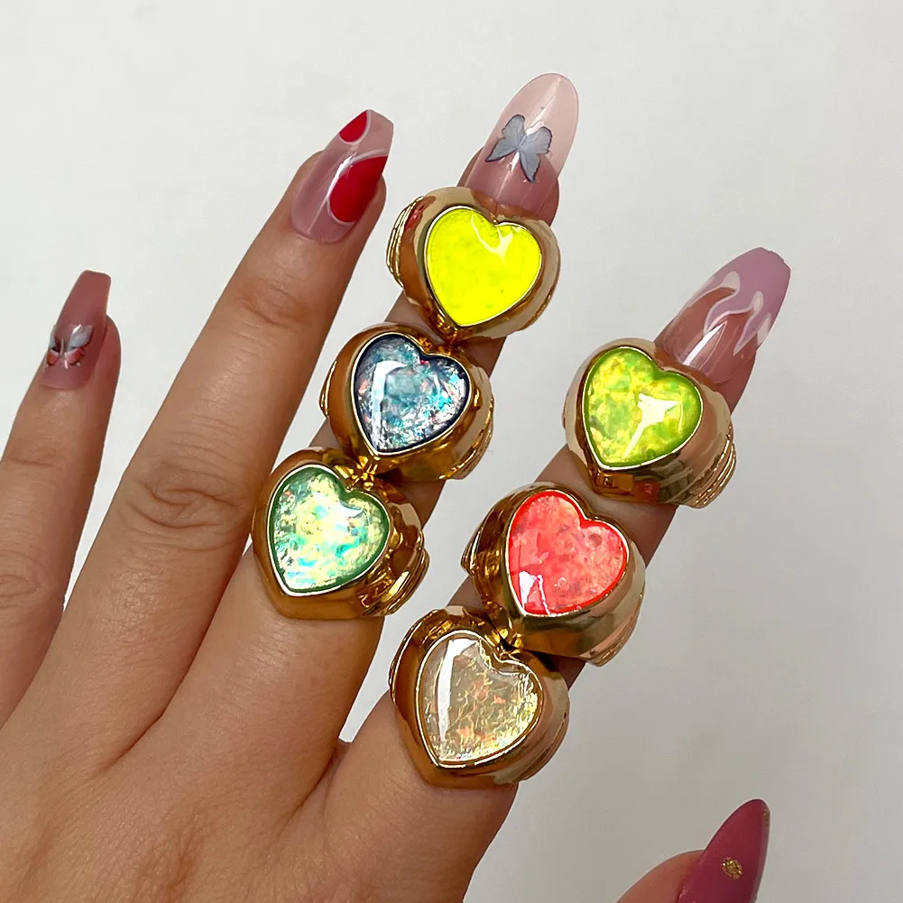 

2021 Fashion Trendy Engagement Jewelry Transparent Colorful Large Geometric Heart Shape Rings, Mixed color