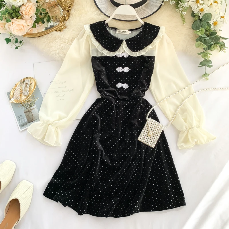 Autumn Long Sleeves Retro Clothing Women Sweet Lolita Dress France Polka Dot Dresses