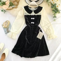 

Autumn Long Sleeves Retro Clothing Women Sweet Lolita Dress France Polka Dot Dresses