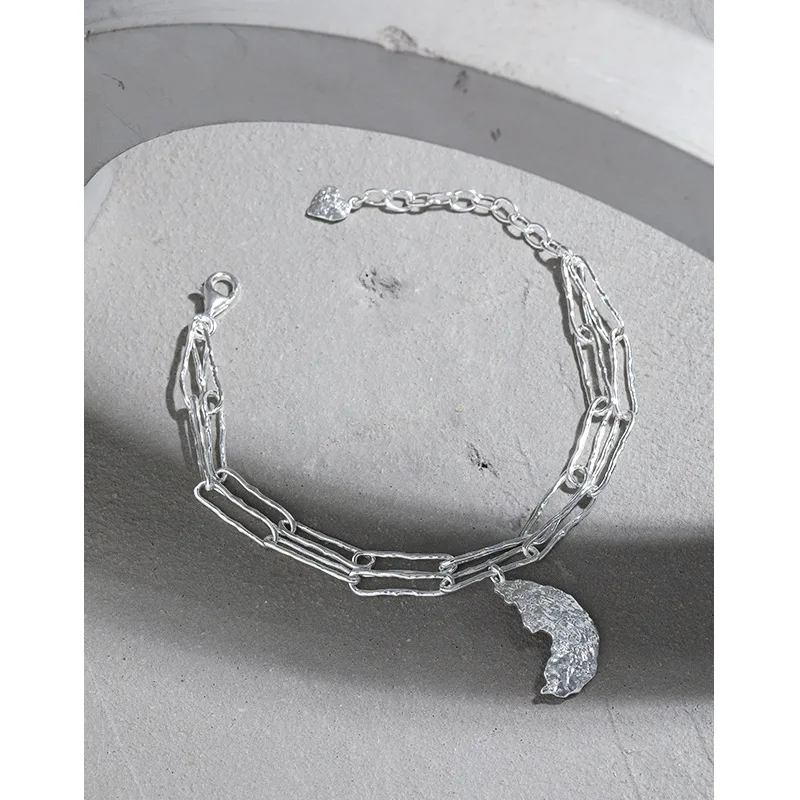 

S925 Sterling Silver Bangle 2021 Hip Hop Link Chain Bracelets Moon Shape Chain Unisex Cuban Bracelet Two Layers Ladies Bracelet