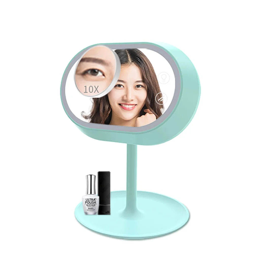 

2020 amazon Lighted Vanity Makeup Lamp plastic cute Mirrors rotation make up Led custom compact mirror with led light logo, Light green or customized color