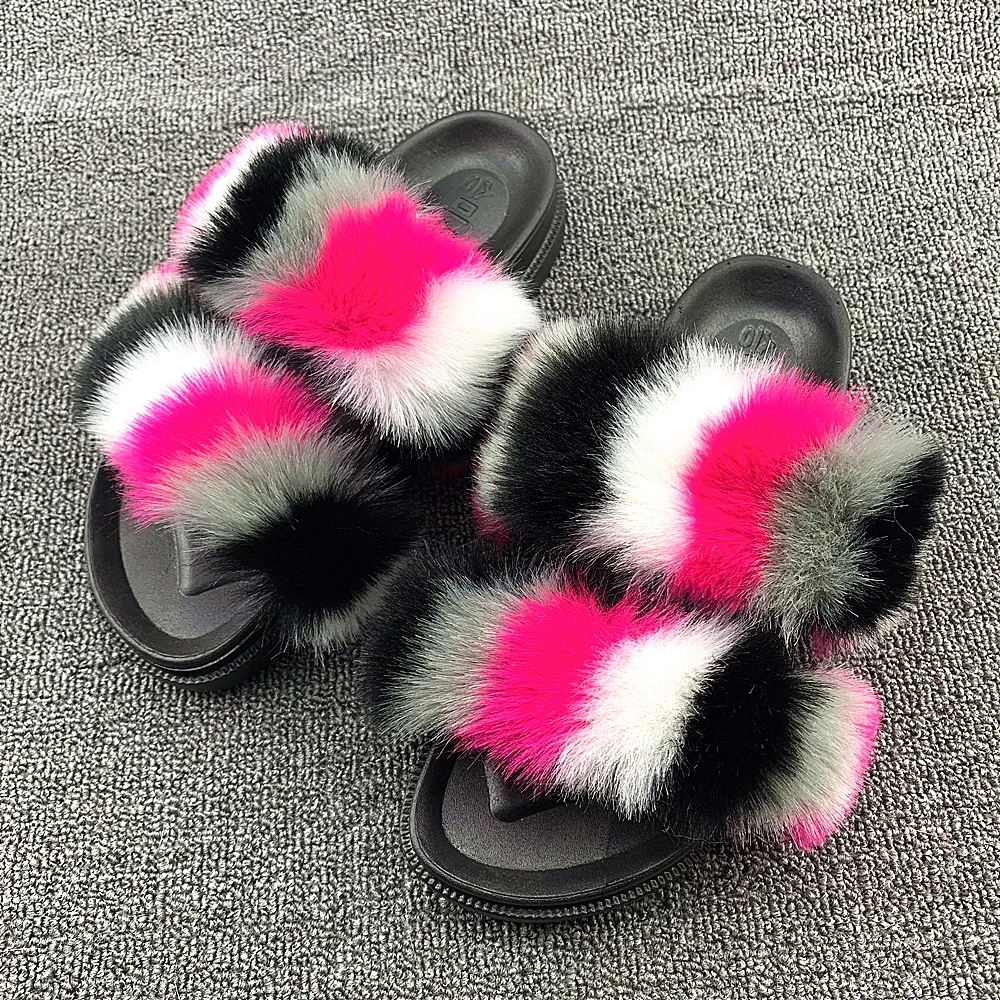 2021 New Wholesale Fox Fur Slippers With Bag Set Cheap Home Slippers