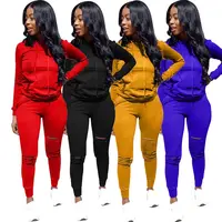 

YH-C95006 2019 Newest hooded long sleeve solid color hole plus size 2 piece set tracksuits clothing for women