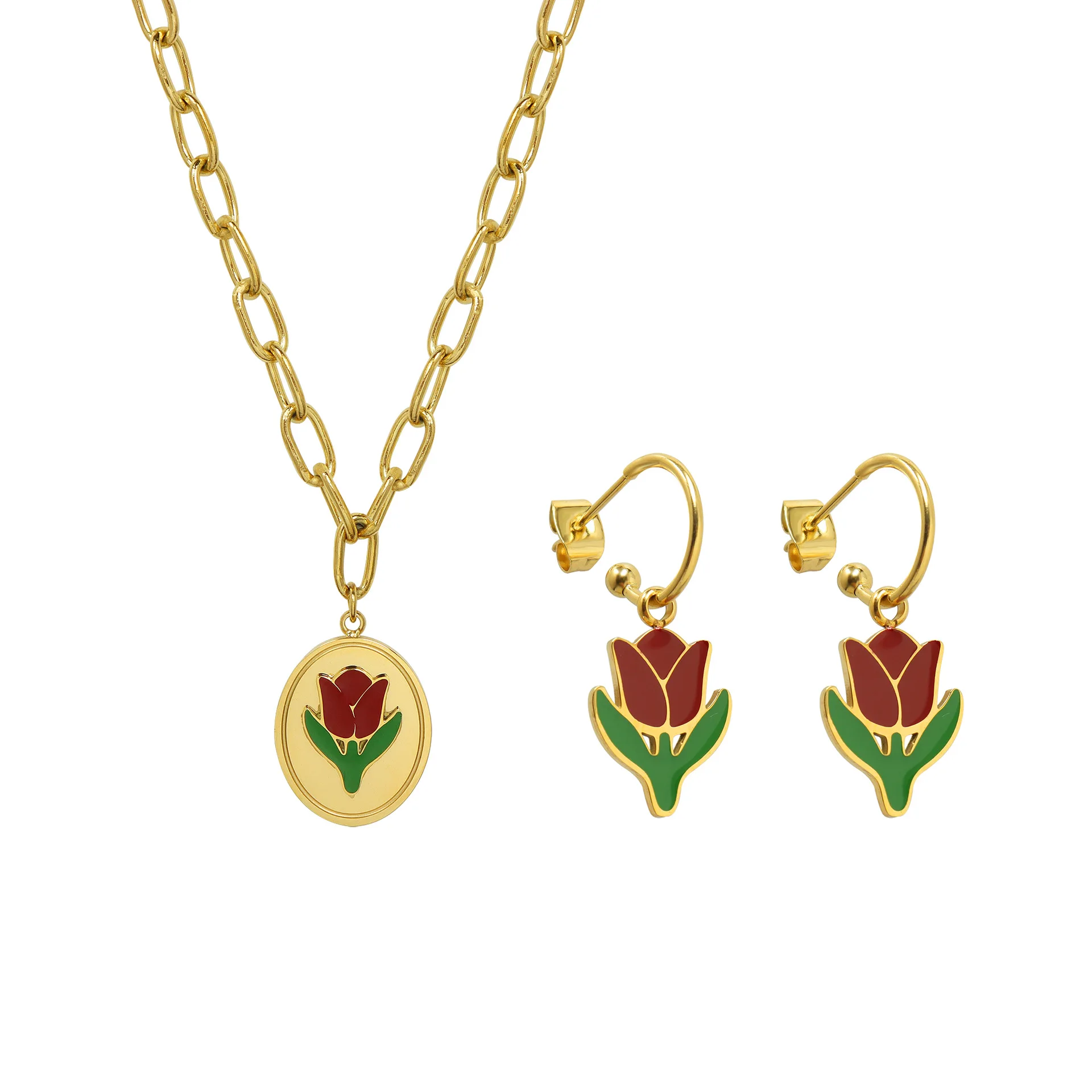 

2021 New Design 18K Gold Plated Stainless Steel Tulips Flower Earring Necklace Set