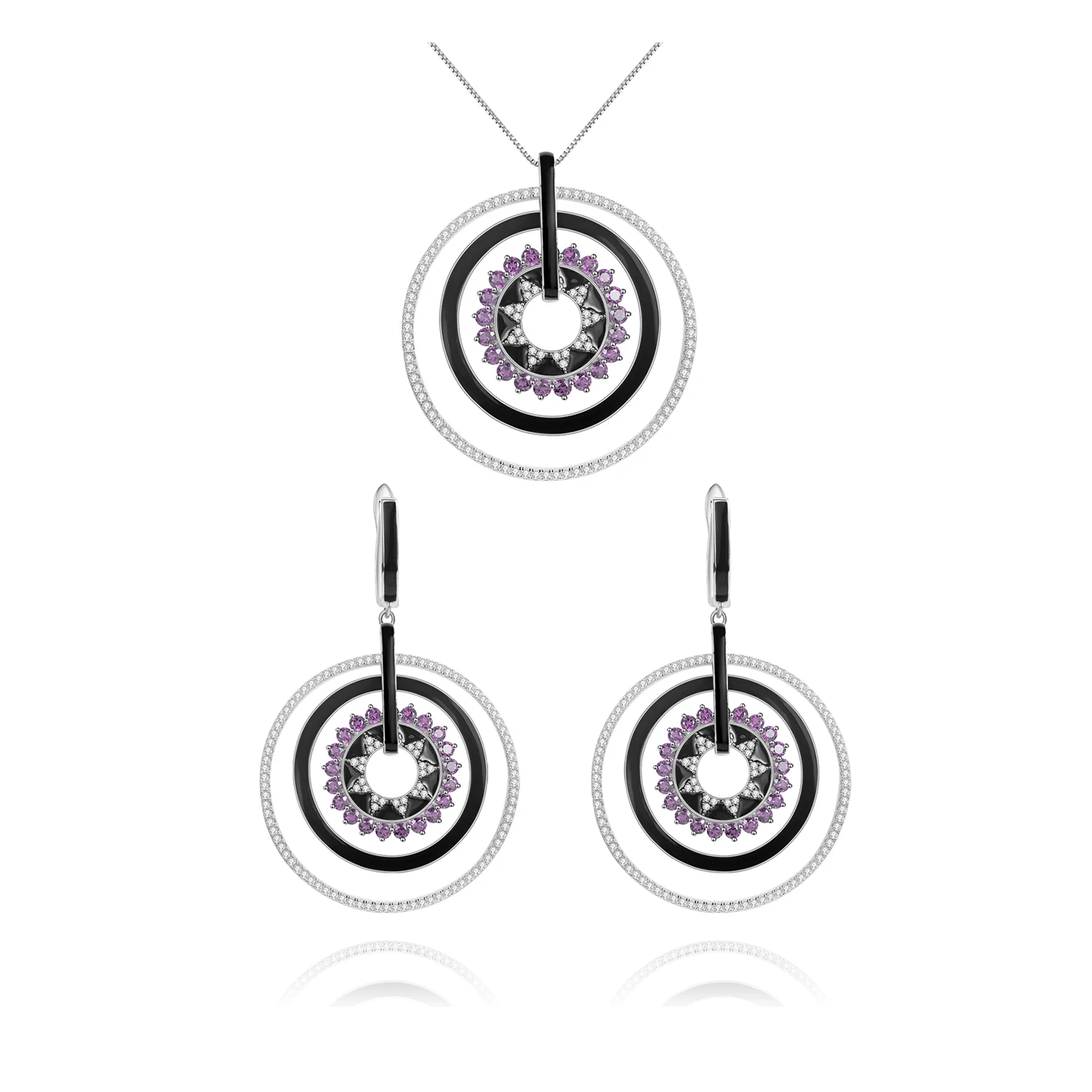 

Abiding 925 Silver Jewelry Sets Enamel Layered Charm Sun Hollow Round Necklace Earrings Amethyst Jewelry Sets For Women