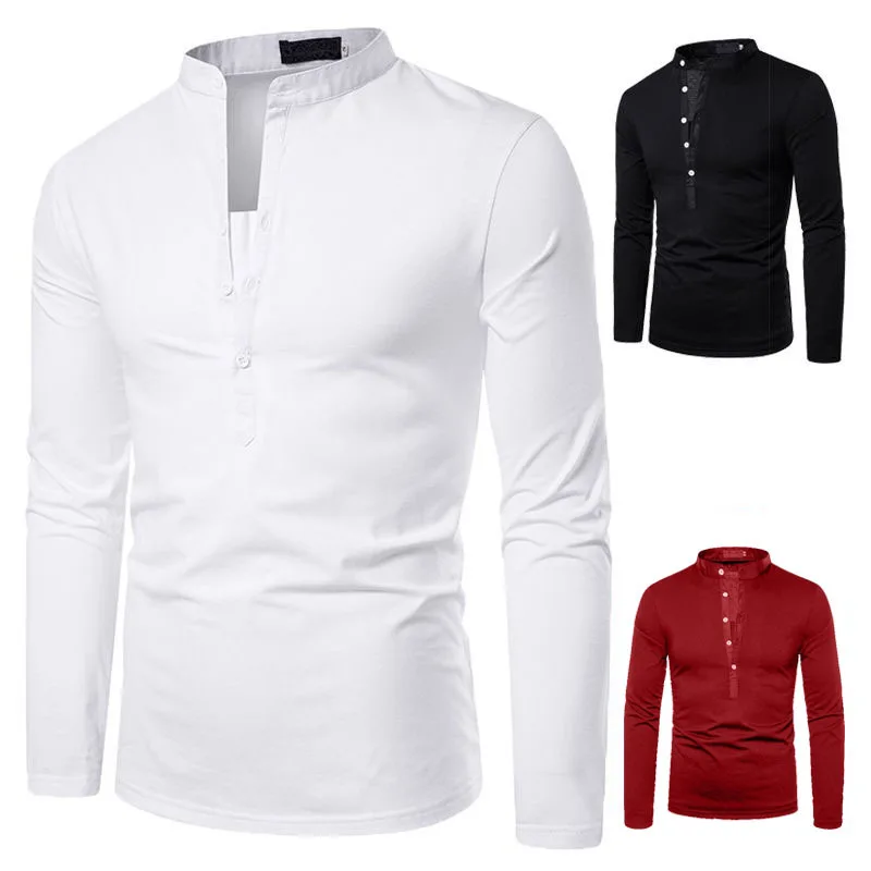 RNSHANEGR New Men's Long Sleeve Solid Color V-neck Blank Casual T-shirt for Spring Streetwear Beach