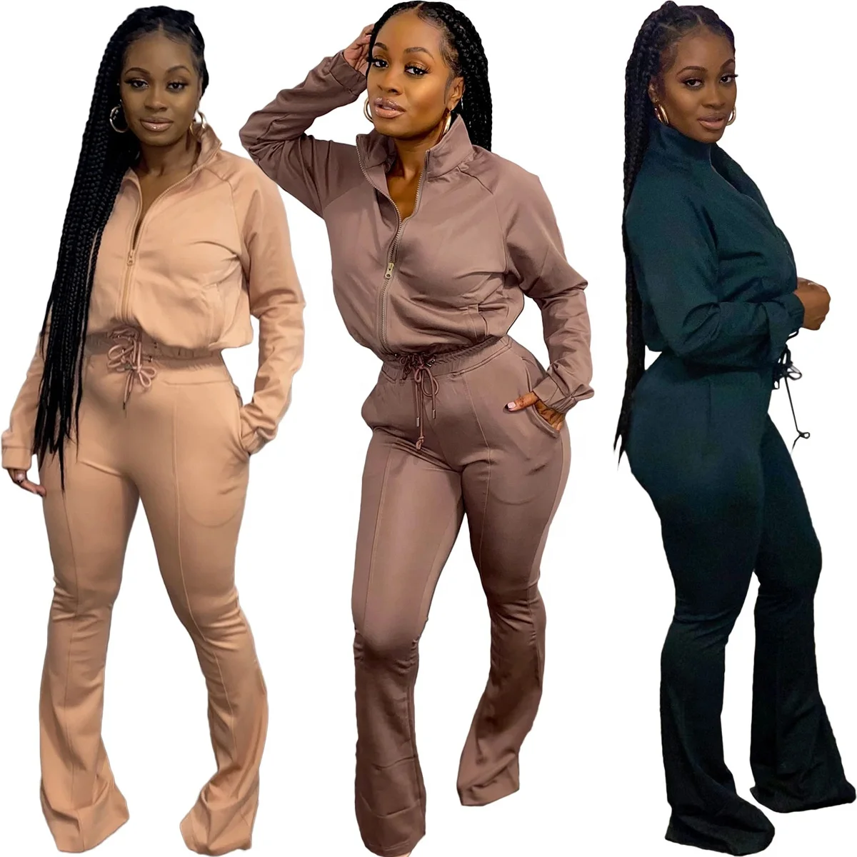 

B63489A New product cross-border fashion women's pure color sports casual pants two-piece set, Coffee/apricot/dark green