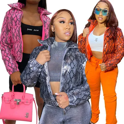 

2021 Fashion Women Bubble Crop Jackets Coats Puff Ladies Down Coats Plus Size Customized Snake print Bomber Puffer Jackets