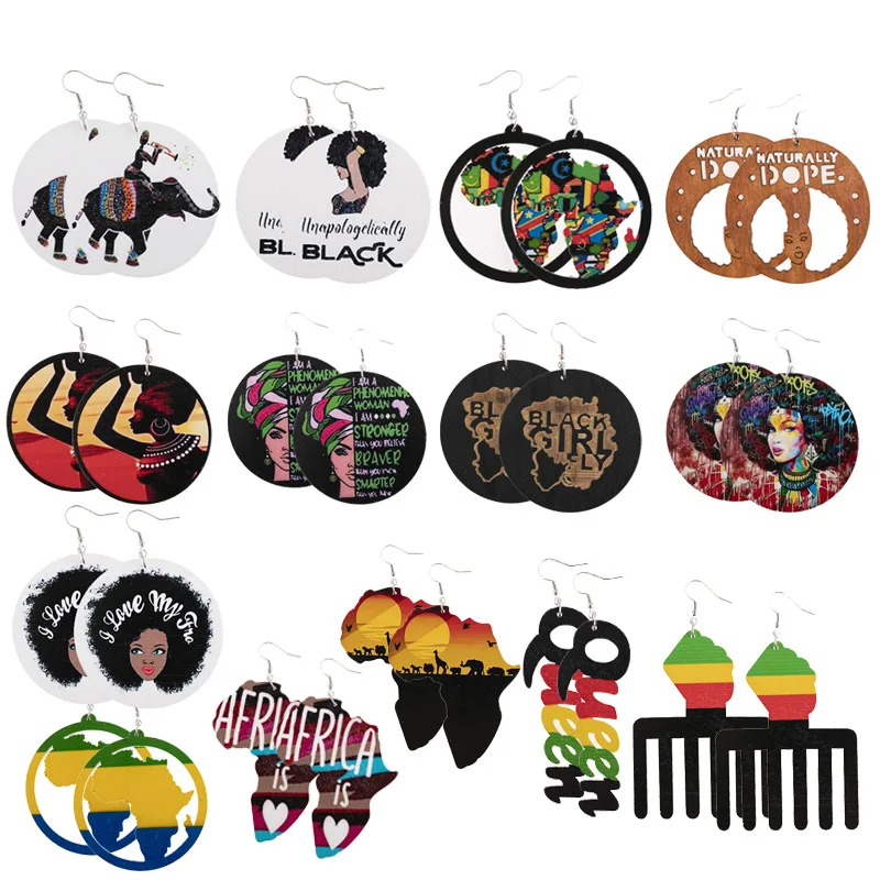 

Sample Available Silver Plated Juneteenth High Quality Big Circle Dangle Wood Statement African Shape Wooden Hoop Earrings Women, Shows as pictures