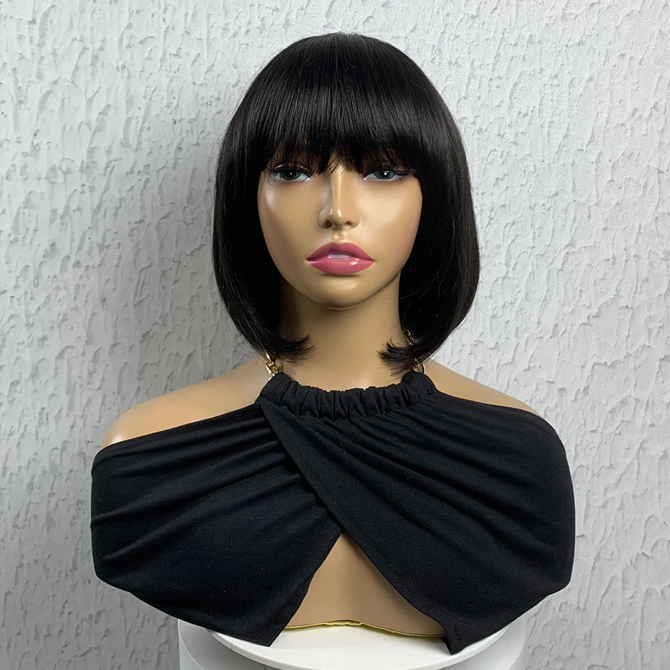 

Machine Made Human Hair Wigs 10 inches 1B Color Bob With Bang For Black Women Factory Cheap Sale Machine Made Human Hair Wig