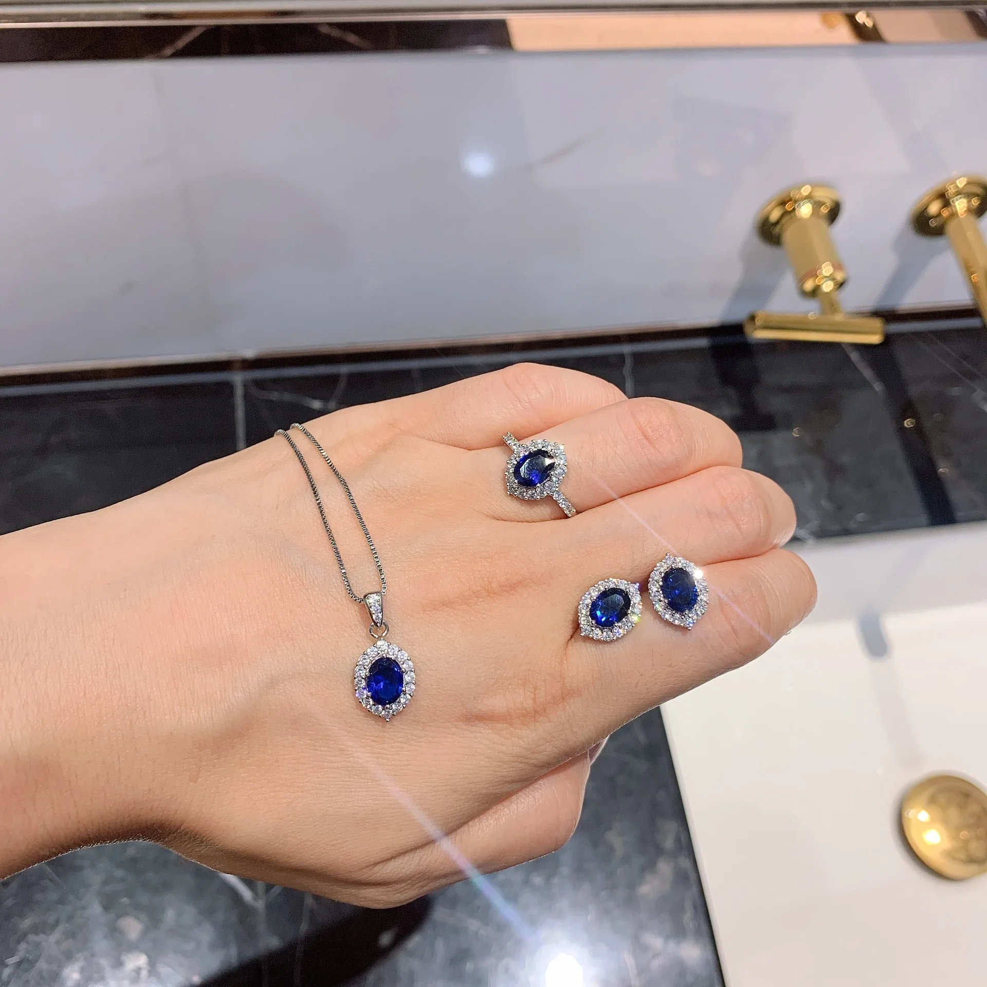 

High Quality Lady Jewelry Gift Dark Blue Diamond Rings Earrings Necklace Set Geometric Oval Shape Zircon Jewelry Set For Wedding