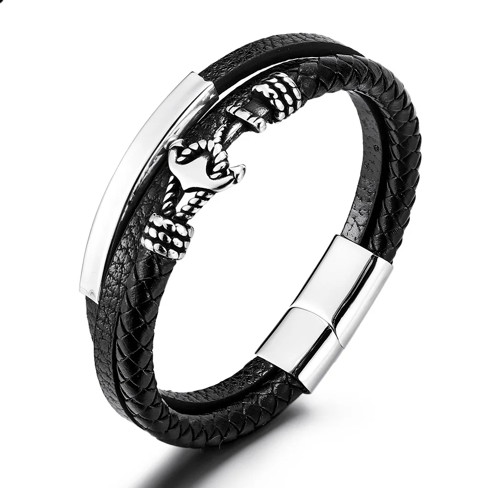 

European and American fashion ship anchor leather bracelet for men's multi-layer cowhide woven stainless steel man bracelet