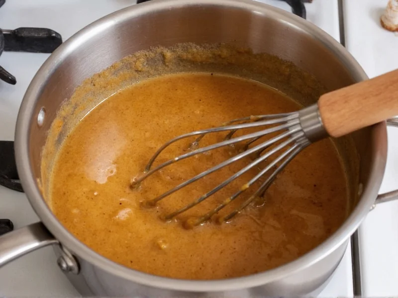 Whisking brown gravy in stainless steel saucepan