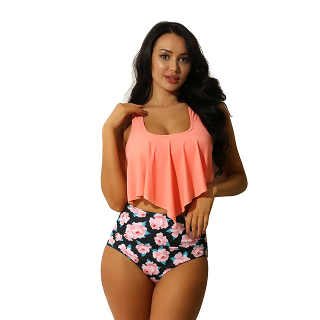 

In Stock Two Piece Bikini Women Strappy Ruffled Flounce Top with High Waist Bottom Bathing Suits Swimsuit Set