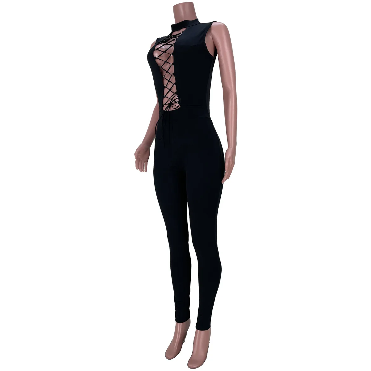 

2021 New Solid Color Sleeveless Hollow Out Lace Up Bandage Backless Bodycon Jumpsuits Sexy Club Casual Rompers for Women