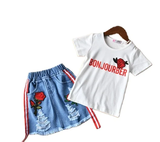 

Cross-border new rose embroidery short-sleeved t-shirt denim skirt two-piece suit children girls summer kids clothing