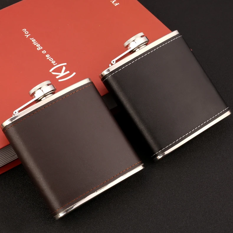 brown leather wrap stainless steel 6oz hip flask