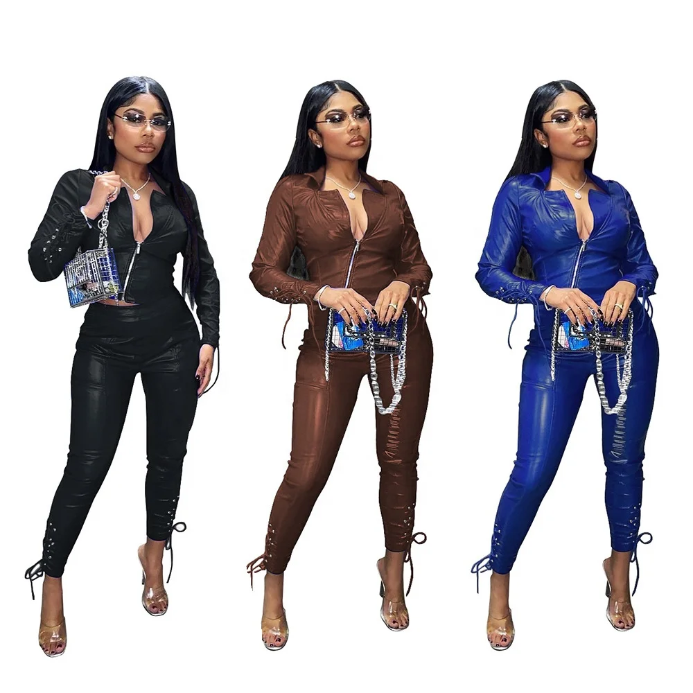 

2021 clothes Urban Clothing Women Short Top And Pants PU Leather Two Piece Set Women Clothing women's Leather 2 piece outfits