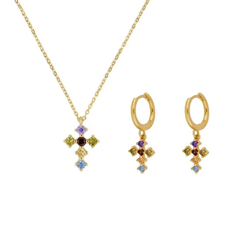 

New Wish Color Diamond Ins French Cross Inlaid Zircon Ear Buckle Earrings Necklace Two-Piece Set, Picture shows