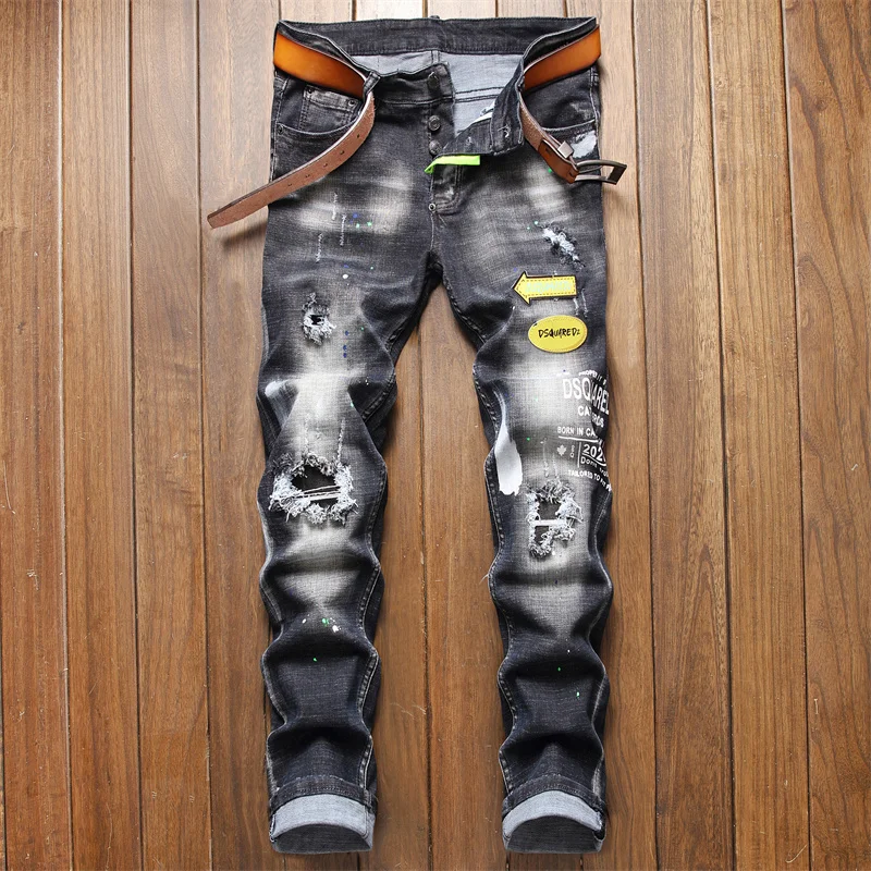 

AIPA Hot Sale New Men Leisure Biker Jeans Wild Embroidery Printing Badge Trousers Spray Paint Hole Slim Fit Pants, Customized color