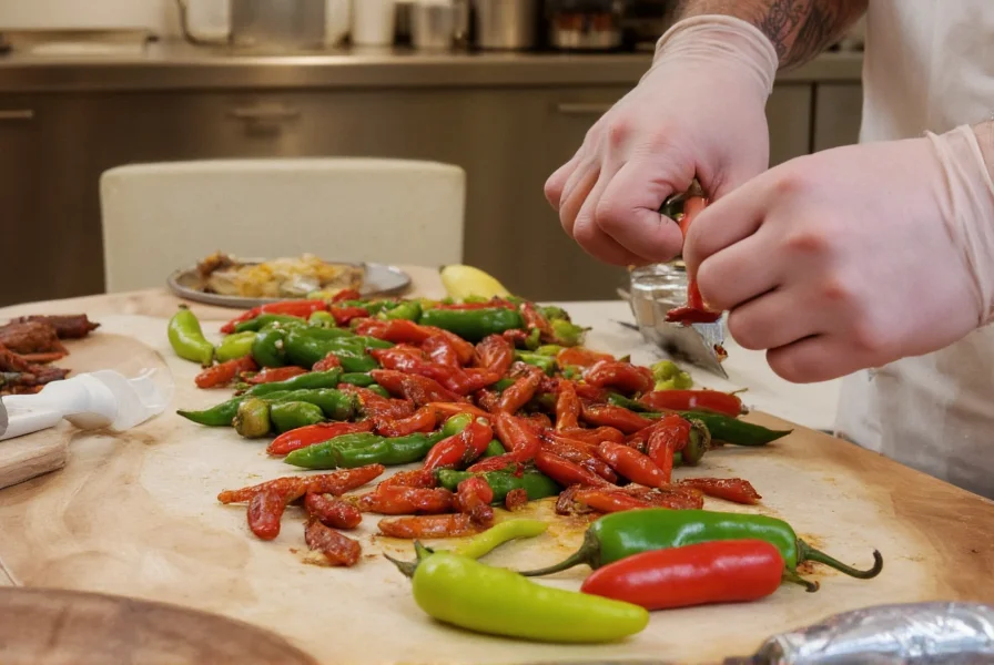Chef preparing Caribbean dish with various hot peppers, focusing on safe handling techniques with gloves and proper cutting board setup