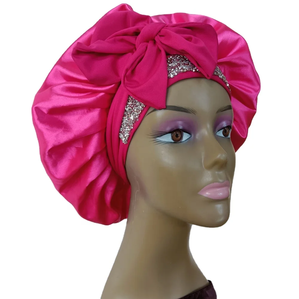 

Designer Jumbo Comfortable Stretchy Bands Shiny Bling Bonnet with Tie Rhinestone Satin Bonnets