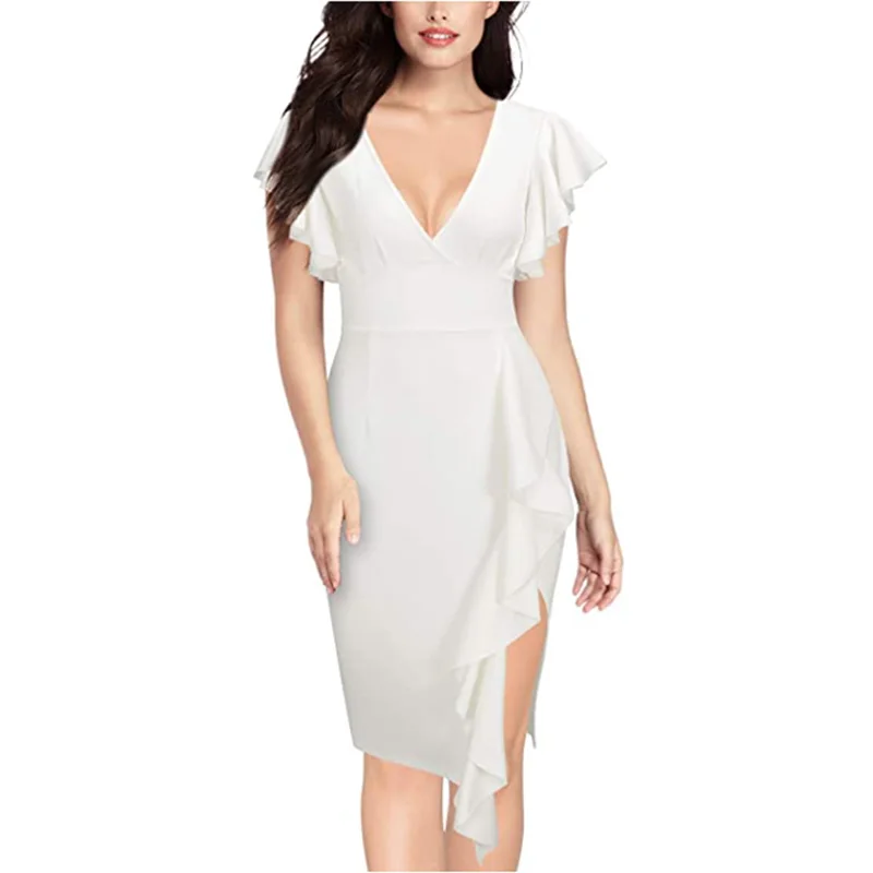 

High-Quality V-Neck Singles Pleated Satin Knee Length Bodycon Short Summer Casual Elegant Dress Sexy Woman