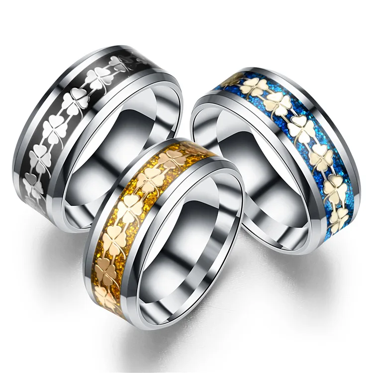 

New Micro Inlaid Seal Glaze Four Leaf Clover Stainless steel Ring Fashion Personality Explosive Tail Ring