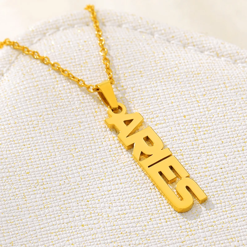

Trendy Wholesale Gold Silver Plated Charm Stainless Steel Astrology Pendant Women Mens 12 Vertical Zodiac Sign Necklace Jewelry, Color plated as shown