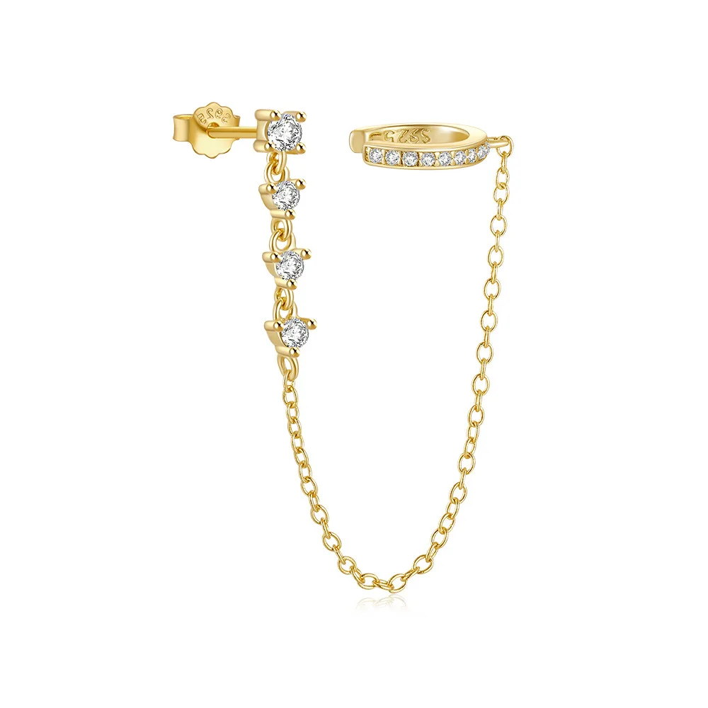 Fashion Earrings Jewelry 925 Sterling Silver Round Diamond Zircon Chain Tassel Gold Plated Ear Clip Hoop Stud Earrings Women