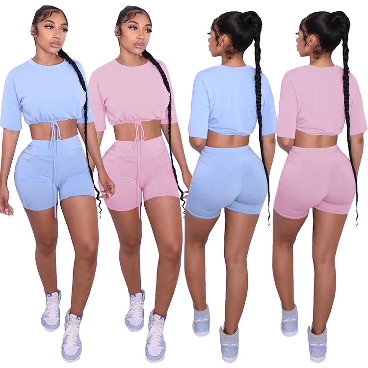 

Half Sleeve O Neck Crop Tops Hem With Drawstring Crop Tops Women 2 piece Outfits