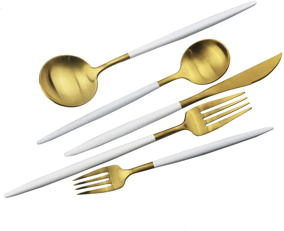 

Custom Luxury Wedding Travel Mirror Polish 5 Pcs Knife Fork Spoon Flatware Stainless Steel Cutlery Set Silverware, Golden