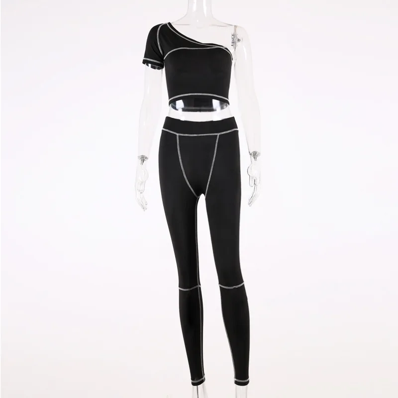 2021 Wholesale new fashion women ladies 2 piece set fitness yoga one shoulder black white stripe print bodycon jumpsuit