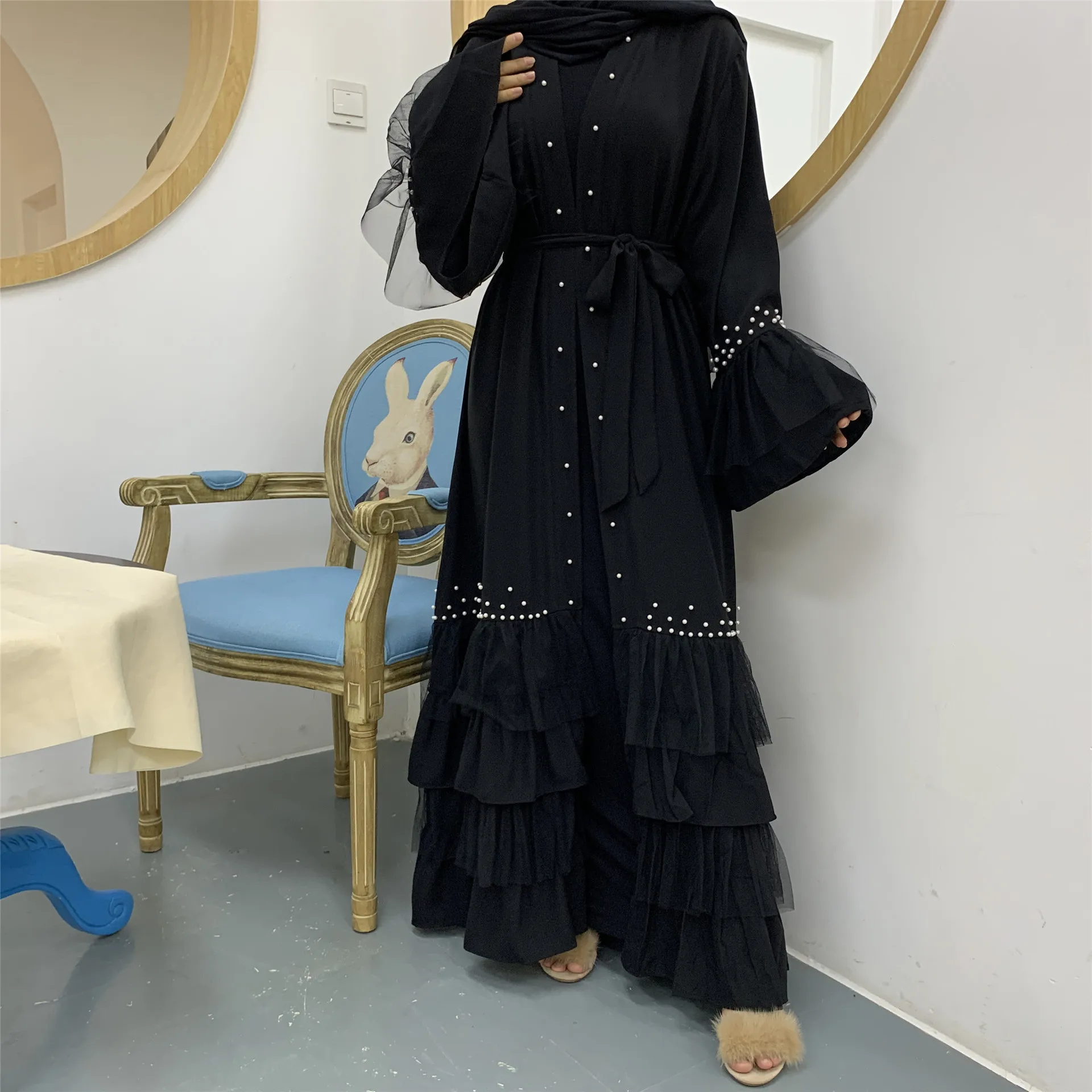 

0806 MuslimQLO middle East new style bead stitching mesh lace-up Muslim cardigan robe luxury open women black abayas 2021