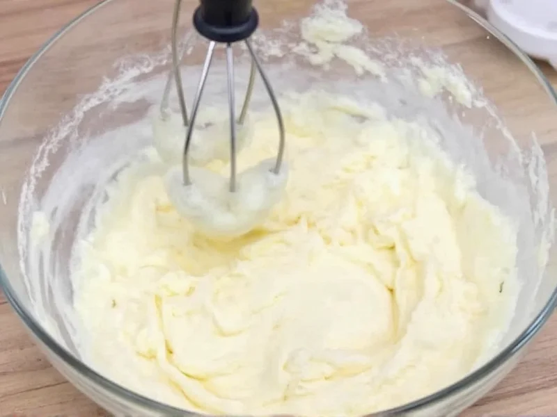 Hand mixer blending smooth vanilla frosting in glass bowl