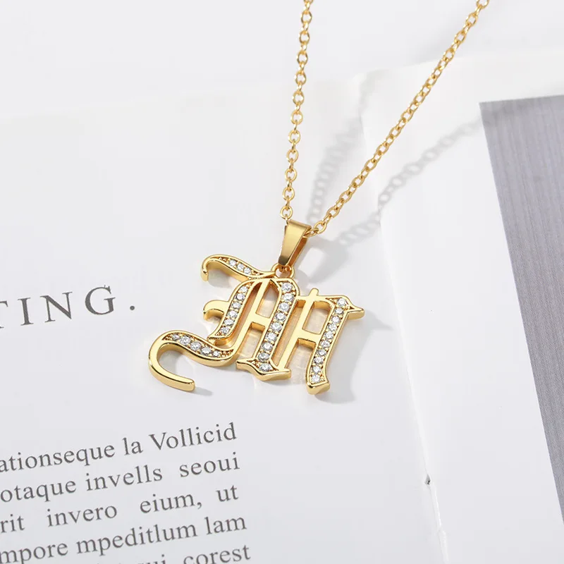 

High Quality Initial Alphabet Az Stainless Steel Initial Letter Cubic Zircon Cz Personalized Old Font 18k Gold Necklace Jewelry, As the pic