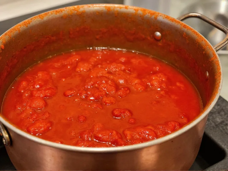 Rich homemade red sauce simmering in copper pot