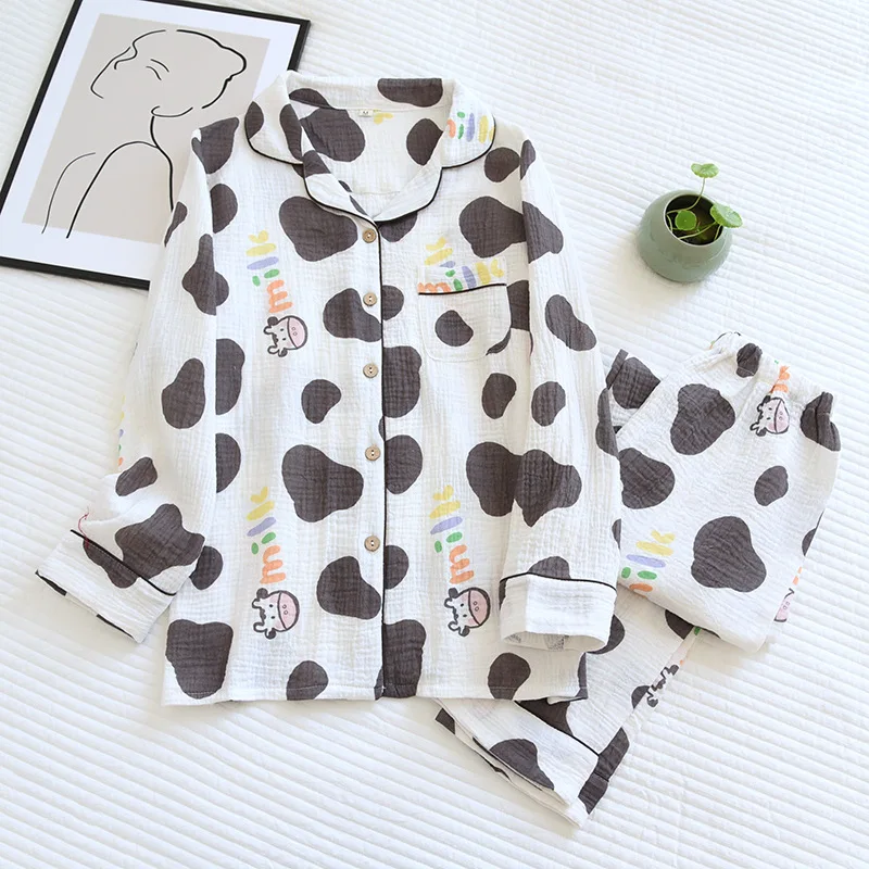 

2021 spring and summer ladies cute cartoon 100% cotton sleepwear long-sleeved trousers thin two-piece home service kawaii sleepw