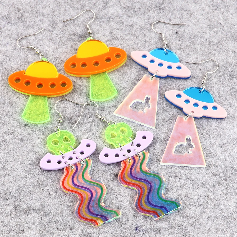 

Acrylic Earrings Retro Earrings Wholesale Rainbow Dazzling Ufo Long Pendant Trendy Mixed Resin Green Drop Earrings 1pair/opp Bag