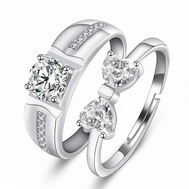 

Hot Sale High Quality Adjustable Inlaid Zircon Bow Silver Rings Promise Rings for Couples, As picture shows