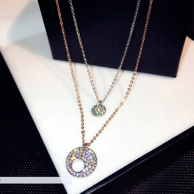 

European Real Gold Plated Double Layers Cubic Zircon Disc Necklace Hollow Rhinestone Crystal Coin Necklace