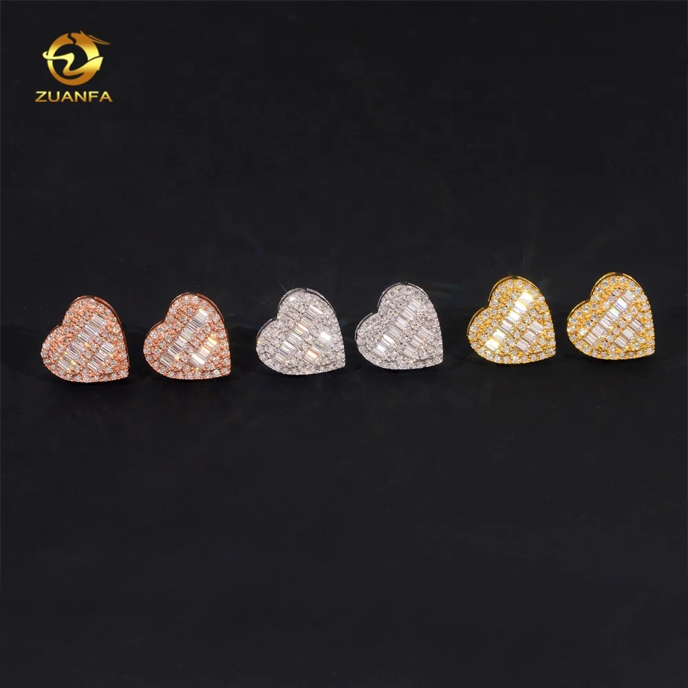 Luxury Big Baguette Diamond Stud GRA Certificate Hip Hop 925 Sterling Silver Moissanite Heart Earrings