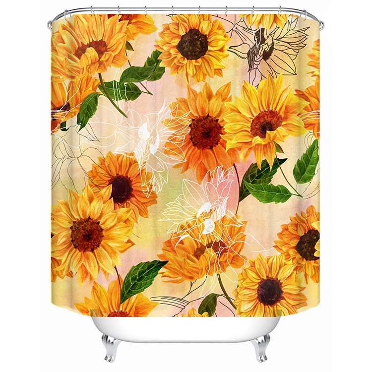 

Yellow Sunflower Chrysanthemum Print Waterproof Fabric Shower Curtain Liner Covered Bathtub Bathroom Curtains, Picture