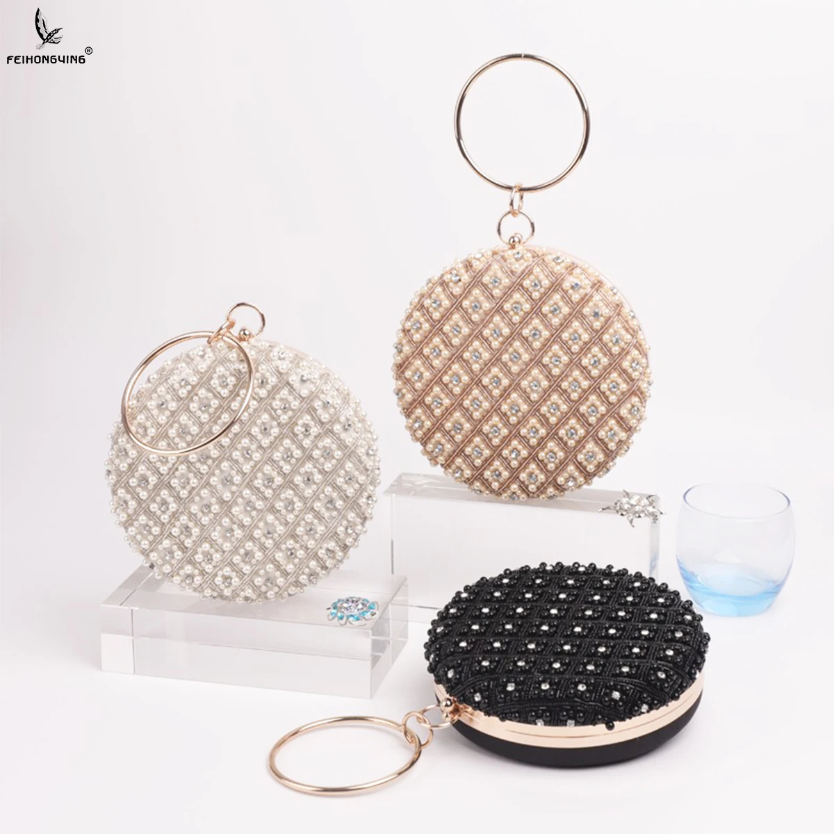 

Feihongying Glitter Clutch Circular Evening Bags Bag Wom Handbags Luxury Ladi Pearl Purse