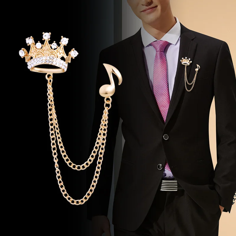 

2021 Hot Sale Men's Suit Musical Note Crown Tassel Chain Metal Rhinestone Brooch Accessories, As pictures