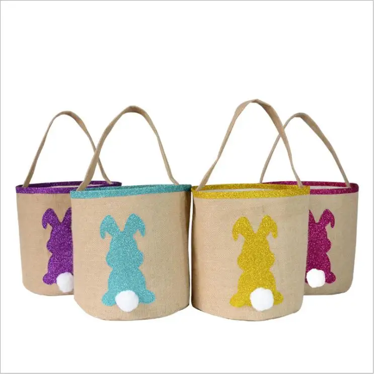 

Party Decoration Kids Candy Gifts Bag Bucket Shopping Tote Easter Rabbit Tail Basket Burlap Easter Bunny Bags for Egg Hunts, 4 color to choose