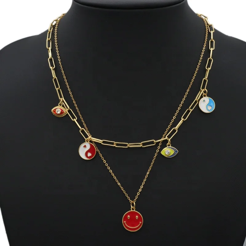 

Eye Round Cross Smiley face Charm Pendant Choker Necklace Lady Layered Gold Plated Enamel Turkish evil eyes necklace Jewelry Set