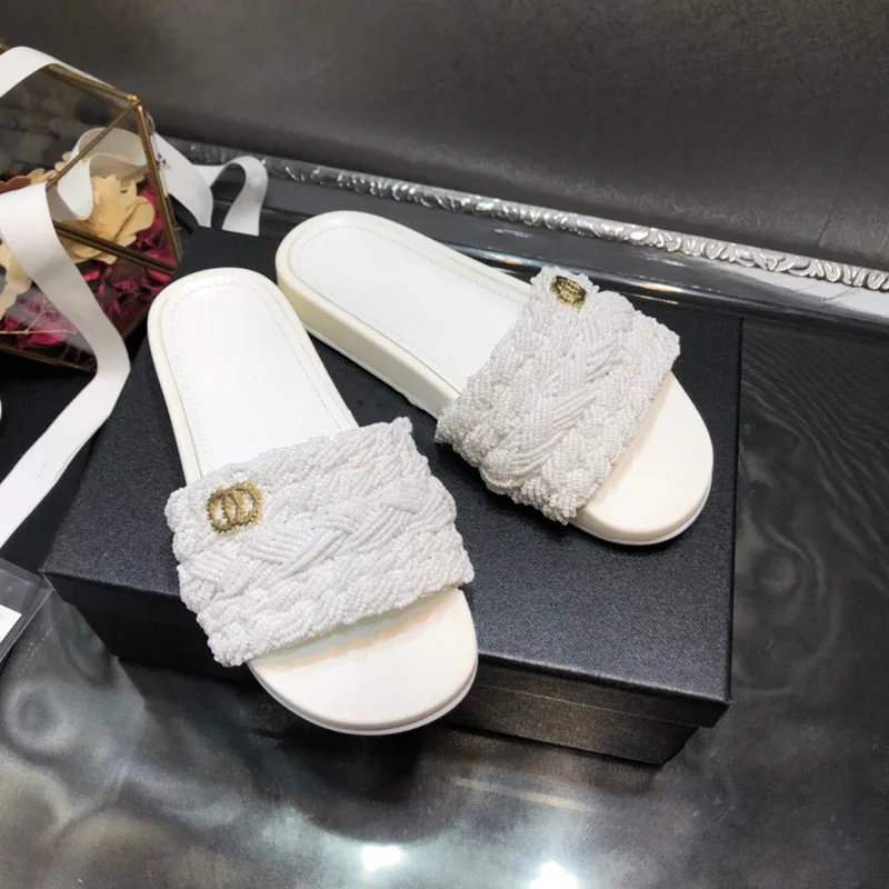 

Beauty flip-flops, summer 2021, white fairy chunky slippers with matching beaded style