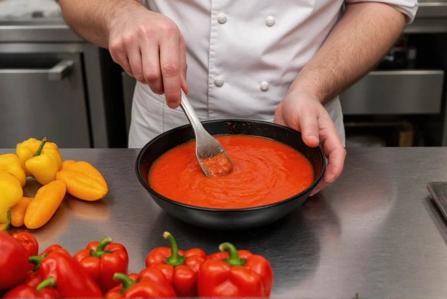 Professional chef preparing vibrant red pepper coulis in stainless steel kitchen with fresh roasted bell peppers