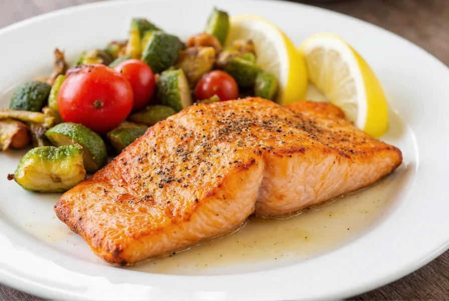 Lemon pepper salmon served with roasted vegetables and lemon wedges on white plate